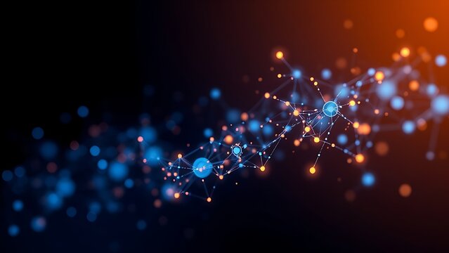 Abstract network of glowing nodes and connections in blue and orange floating in space.