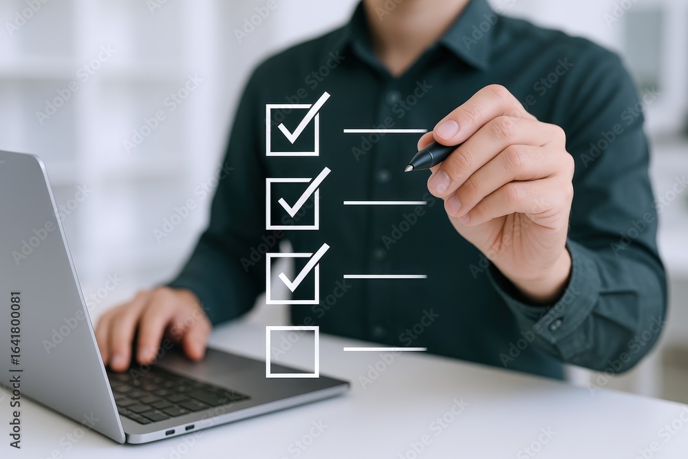 Poster completing digital checklist: man fills out online form with tick marks using laptop and stylus