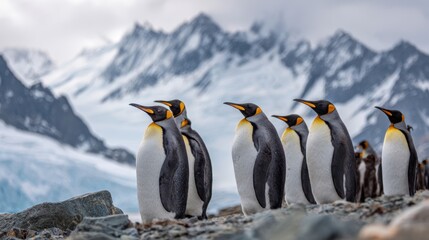 Fototapeta premium The elegant group of penguins standing proudly against a majestic Antarctic landscape.