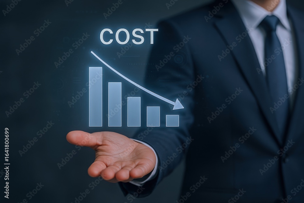 Poster cost reduction strategy: businessman holding decreasing bar graph displaying cost efficiency and fin