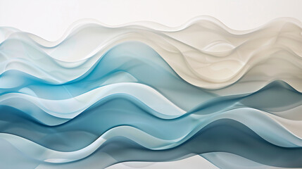 Abstract waves in blue and beige colors, smooth and translucent flowing upwards, gradient effect, dynamic composition, creating a sense of movement and depth