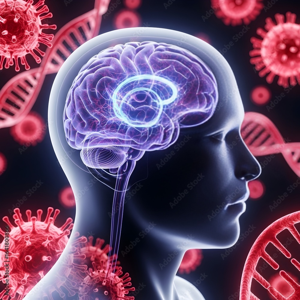 Poster human brain illuminated with neural activity surrounded by dna strands and viruses