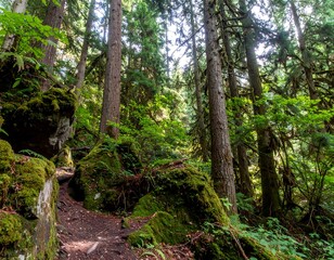 Obraz premium Lush forest trail through mossy rocks