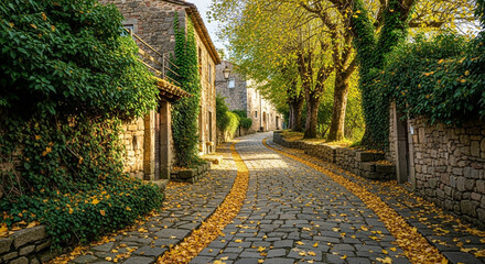 Charming european village street lined with stone buildings and trees in autumn sunlight