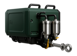 Diesel compressor with a dual-stage filtration system and robust towing hitch for forestry operations.