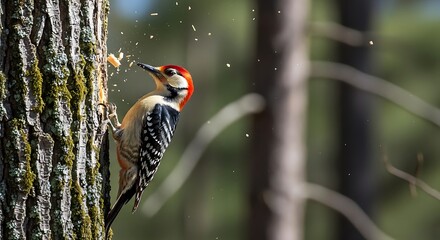Fototapeta premium A redheaded woodpecker clings to a mossy tree trunk, pecking for insects in the forest