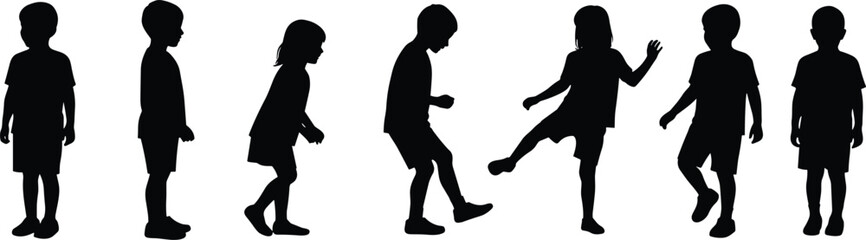 children silhouettes standing and playing, kids vector illustration, childhood activity design, boy and girl outline art, black silhouette people, playful poses