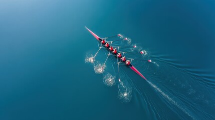The synchronized rowing team gliding across the serene blue water.