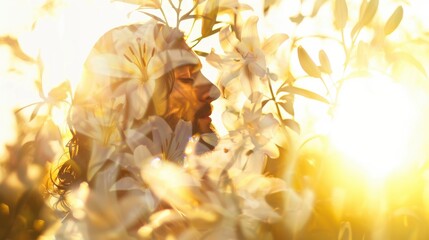 Man's profile overlaid with white lily flowers, symbolizing peace and spiritual resurrection. Christian religious concept for Easter.