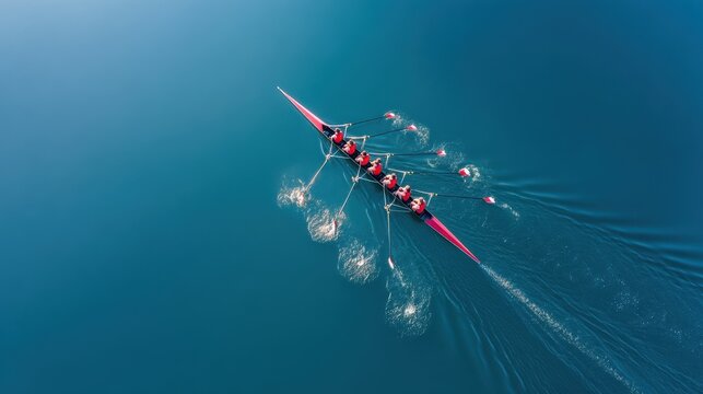 The synchronized rowing team gliding across the serene blue water.