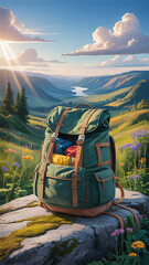 Summer mountain landscape at sunset with a panoramic view of a valley.