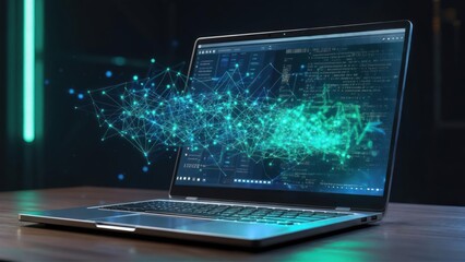 Laptop screen with abstract data visualization