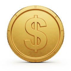 Shiny golden dollar coin with detailed edge, symbolizing wealth, finance on transparent background