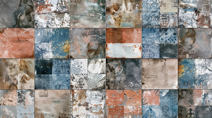 A collection of colorful, square tiles with intricate patterns and designs, arranged in a grid-like formation, creating a visually appealing mosaic with a rustic and vintage aesthetic.