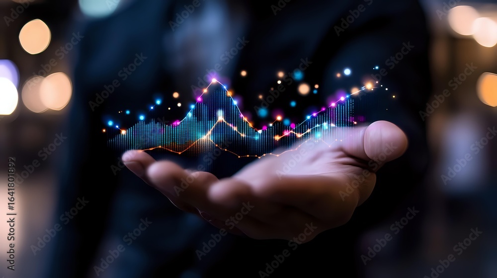 Poster glowing financial chart hologram floating above open palm with colorful bokeh background, showing ma