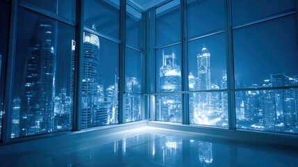 Obraz premium Cityscape Night View from Modern Office: High-Rise Buildings and Urban Illumination in Corporate Space