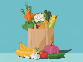 Vector illustration of fresh healthy vegetables in a paper bag isolated on a white background.