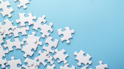 Many white puzzle pieces scattered on a white background, some pieces are partially out of the frame, studio shot, overhead view
