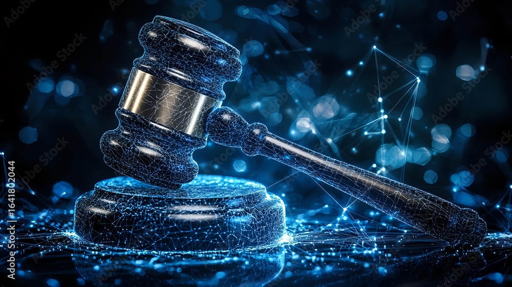 Aufkleber wooden judge gavel on digital network background with glowing blue particles and bokeh lights repres