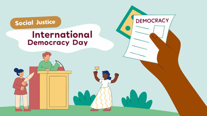 International Democracy Day illustration with diverse hands holding peace symbol for global unity and freedom awareness