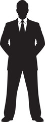 Obraz premium A strong silhouette of a well-dressed businessman with hands behind his back, symbolizing confidence, power, and leadership in a corporate environment