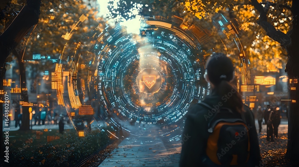 Poster futuristic holographic interface glowing in autumn park with digital circles and data visualization 