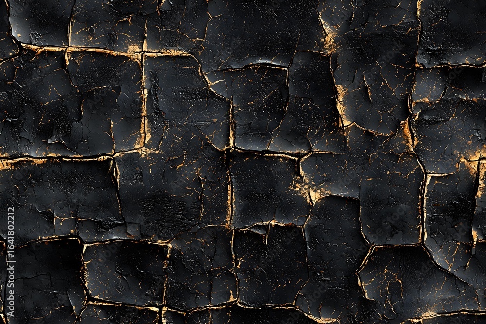 Poster dark cracked surface with golden light glowing through fissures creates dramatic abstract pattern. t
