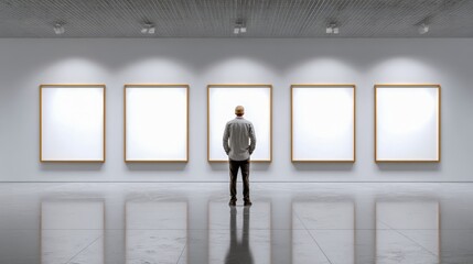Fototapeta premium Man Admiring Blank Canvas Art Displayed in Modern Gallery, Back View, Artistic Expression and Cultural Appreciation