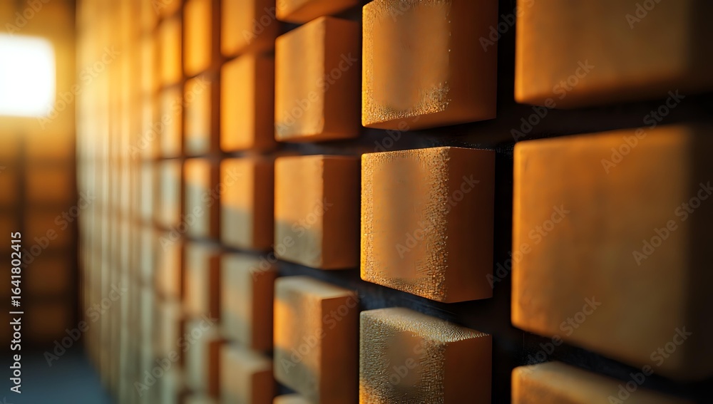 Poster geometric wooden blocks arranged in rows creating depth and perspective with warm sunlight casting s