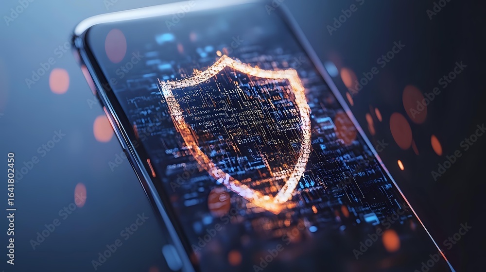 Poster glowing digital shield with binary code on smartphone screen against dark background with bokeh ligh