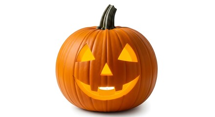 Fototapeta premium A carved jack o lantern pumpkin isolated on white background, a traditional halloween decoration
