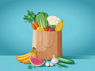 A paper grocery bag filled with fresh organic vegetables and fruits like carrots, tomatoes, and apples.