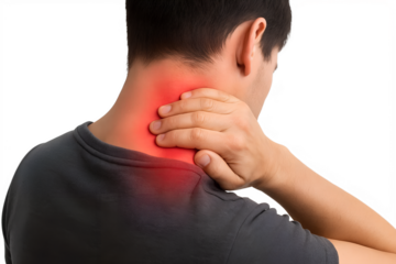 Close-up of a person touching their neck in discomfort, illustrating neck joint or muscle pain concept, isolated on white background. Medical, healthcare, injury, arthritis, and physiotherapy theme.