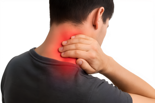 Close-up of a person touching their neck in discomfort, illustrating neck joint or muscle pain concept, isolated on white background. Medical, healthcare, injury, arthritis, and physiotherapy theme.