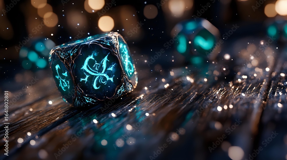 Poster glowing turquoise gaming dice with magical effect on wooden surface, surrounded by bokeh lights and 