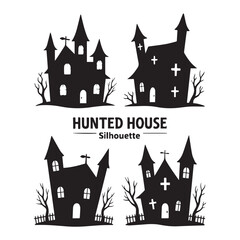 A black and white digital illustration of four different Halloween haunted house silhouettes white background.