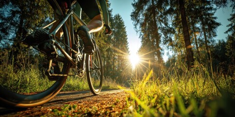 The cyclist riding through a sunlit forest path in the evening.