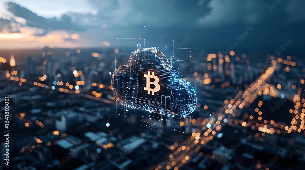 Aufkleber glowing digital cloud with cryptocurrency symbol floating over blurred night cityscape with bokeh li