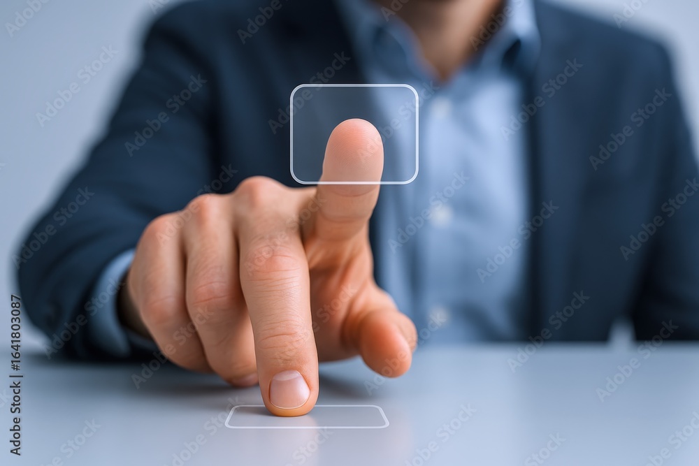 Poster businessman's hand interacting with a virtual touchscreen display, emphasizing technology and modern