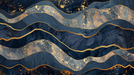 Abstract black and gold wavy pattern, smooth texture, elegant design, luxurious feel, dynamic composition, fluid motion, metallic accents, sophisticated aesthetic, modern art