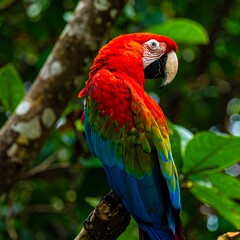 Naklejka premium Vibrant scarlet macaw perched in jungle
