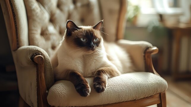 Siamese cat with blue eyes relaxing on vintage beige armchair in cozy home interior with natural window lighting, showing regal and calm demeanor. - Powered by Adobe