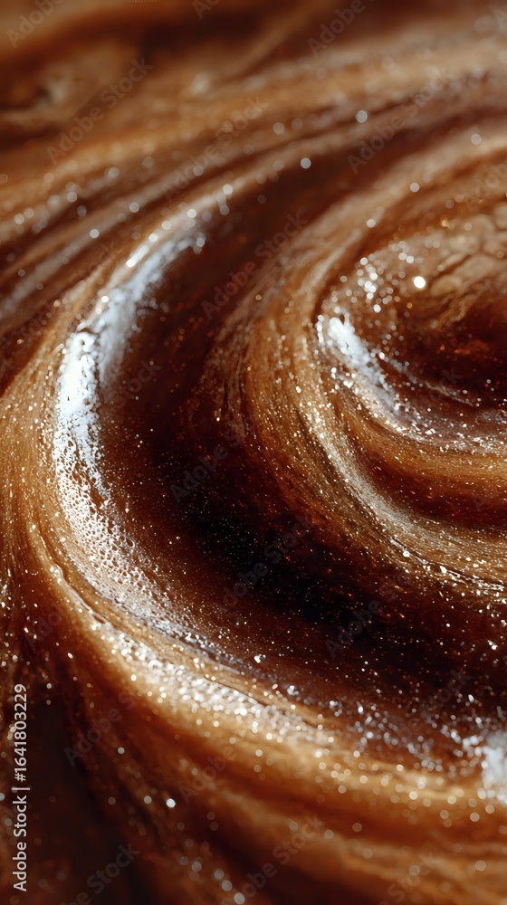 Poster swirling chocolate cream texture with glossy surface and smooth spiral pattern creates appetizing ba