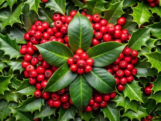 Obraz premium Vibrant Holly Berries and Lush Green Leaves: Festive Christmas Floral Arrangement, Close-Up Macro Shot.