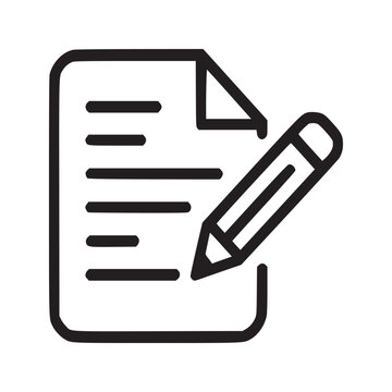 A simple line drawing of a document with text and a pencil writing on the document icon design