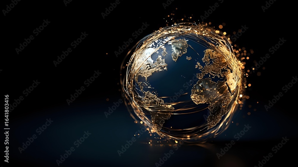 Poster glowing golden particles and light trails orbit around planet earth against dark background, creatin