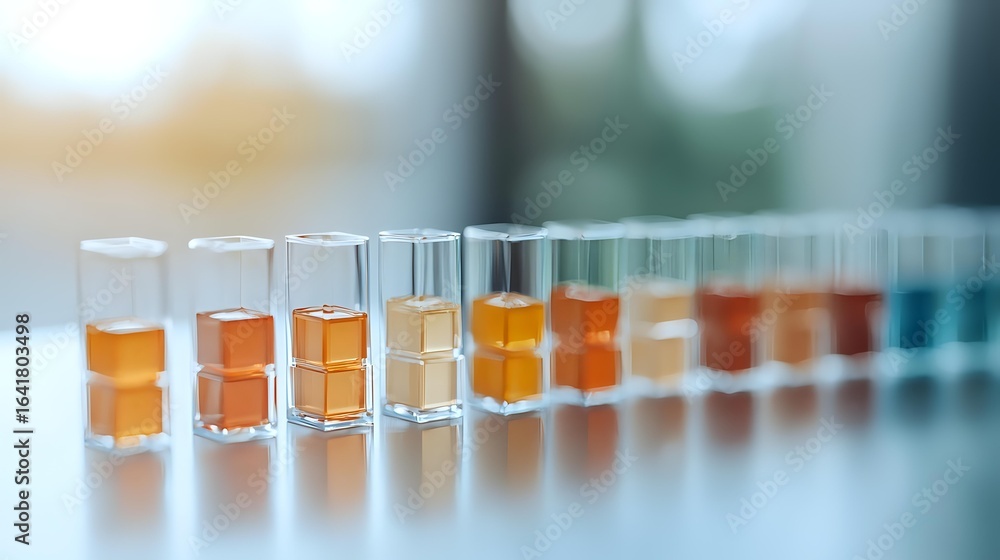 Poster laboratory test tubes with orange and yellow liquid samples in row showing gradient color change, sc