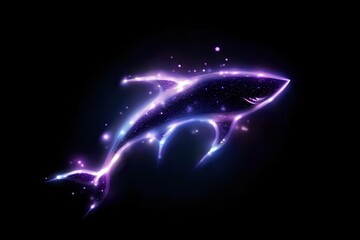 Obraz premium Glowing neon shark silhouette with purple and blue light effects on black background, sparkling particles create magical underwater atmosphere.