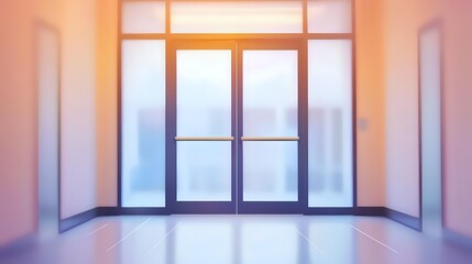 Modern office entrance with frosted glass double doors and side panels illuminated by soft gradient lighting creating peaceful minimalist interior atmosphere.