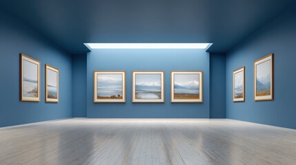 Gallery Interior with Blue Walls and Artwork, Modern Museum Space, Creative Visualization